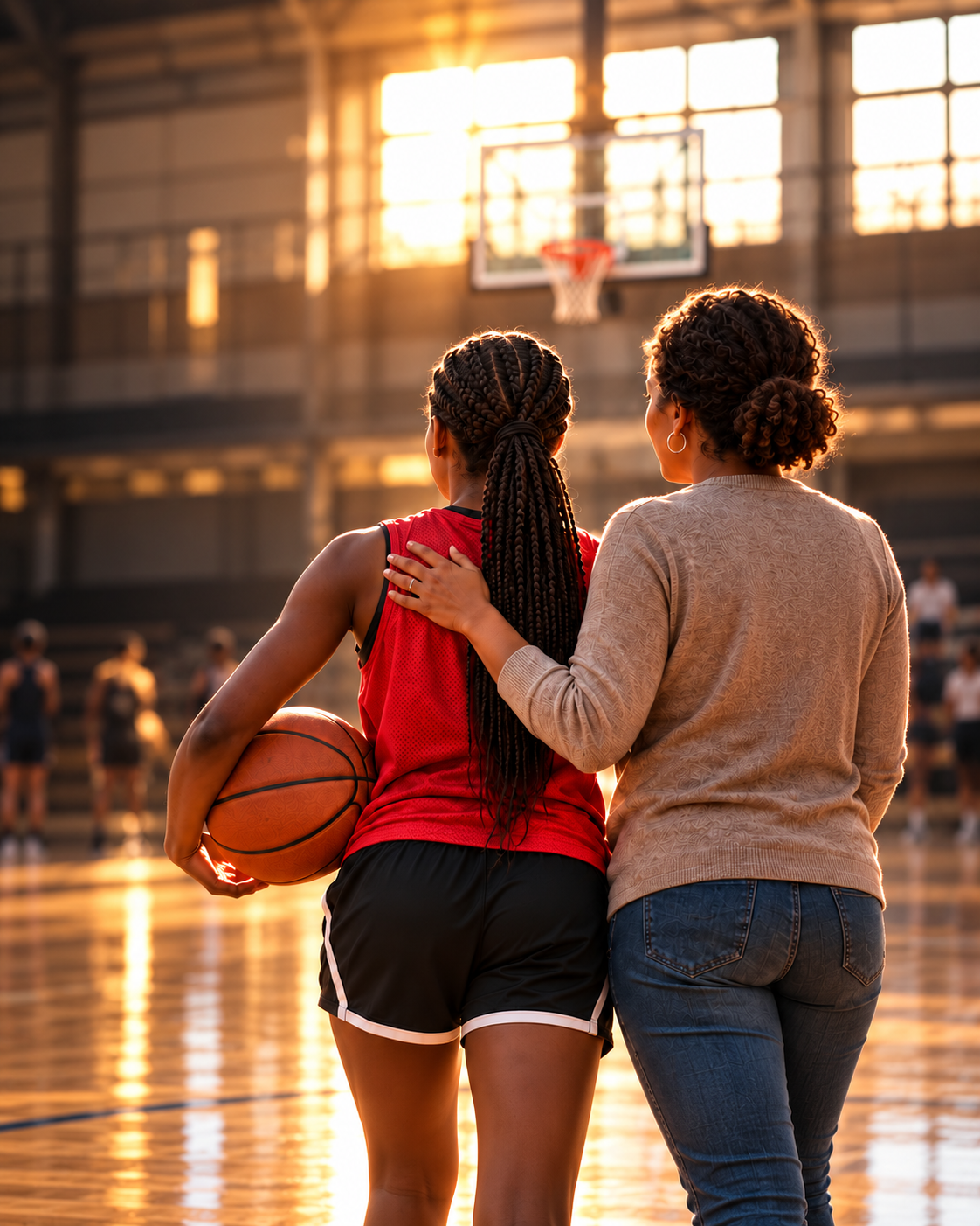 A mother with her daughter, a basketball player, looking toward the court together